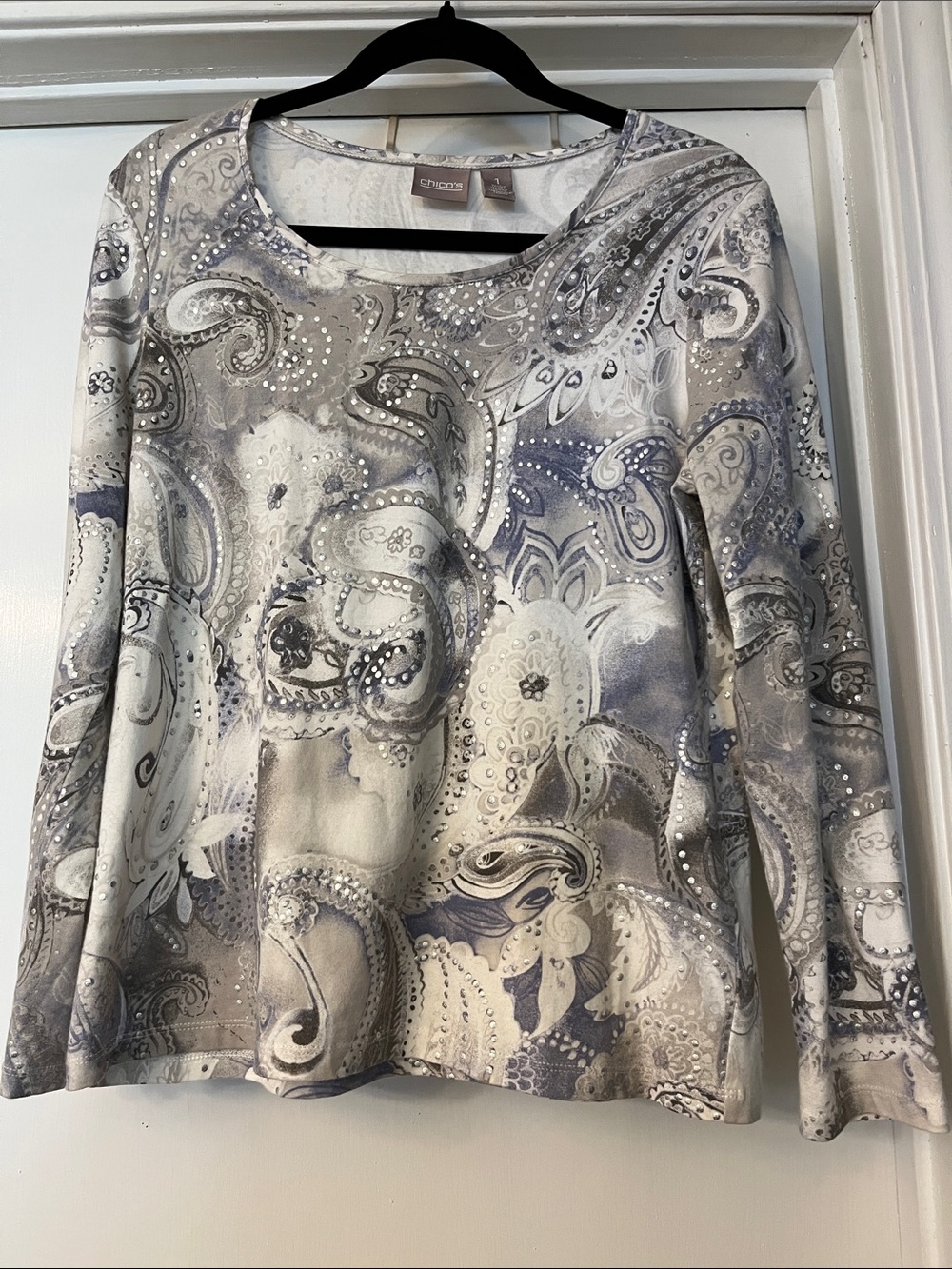 Chico's Paisley Scoop-Neck Long Sleeve Top — Gray, Cream, Blue